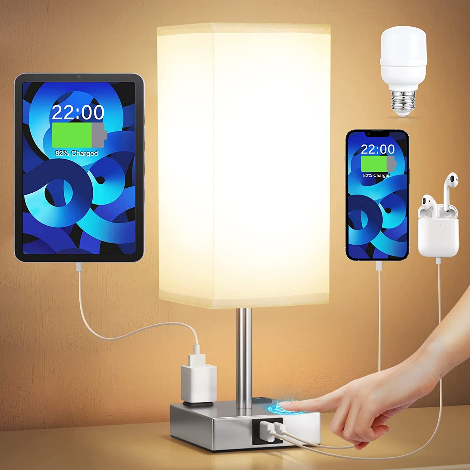 Touch Bedside Table Lamp for Bedroom - Dimmable, USB C+A, 2 AC Outlets